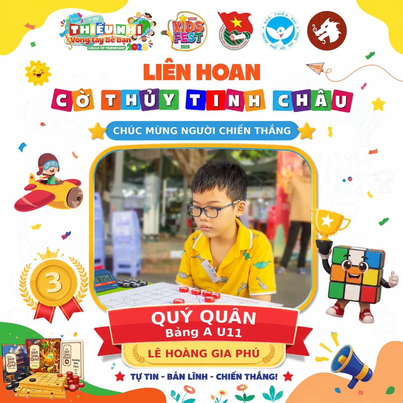 Hình ảnh công bố kết quả Bảng A trong khuôn khổ chương trình Liên Hoan Cờ Thủy Tinh Châu Kids Fest 2026 tại Nhà Thiếu Nhi Thành phố Hồ Chí Minh.