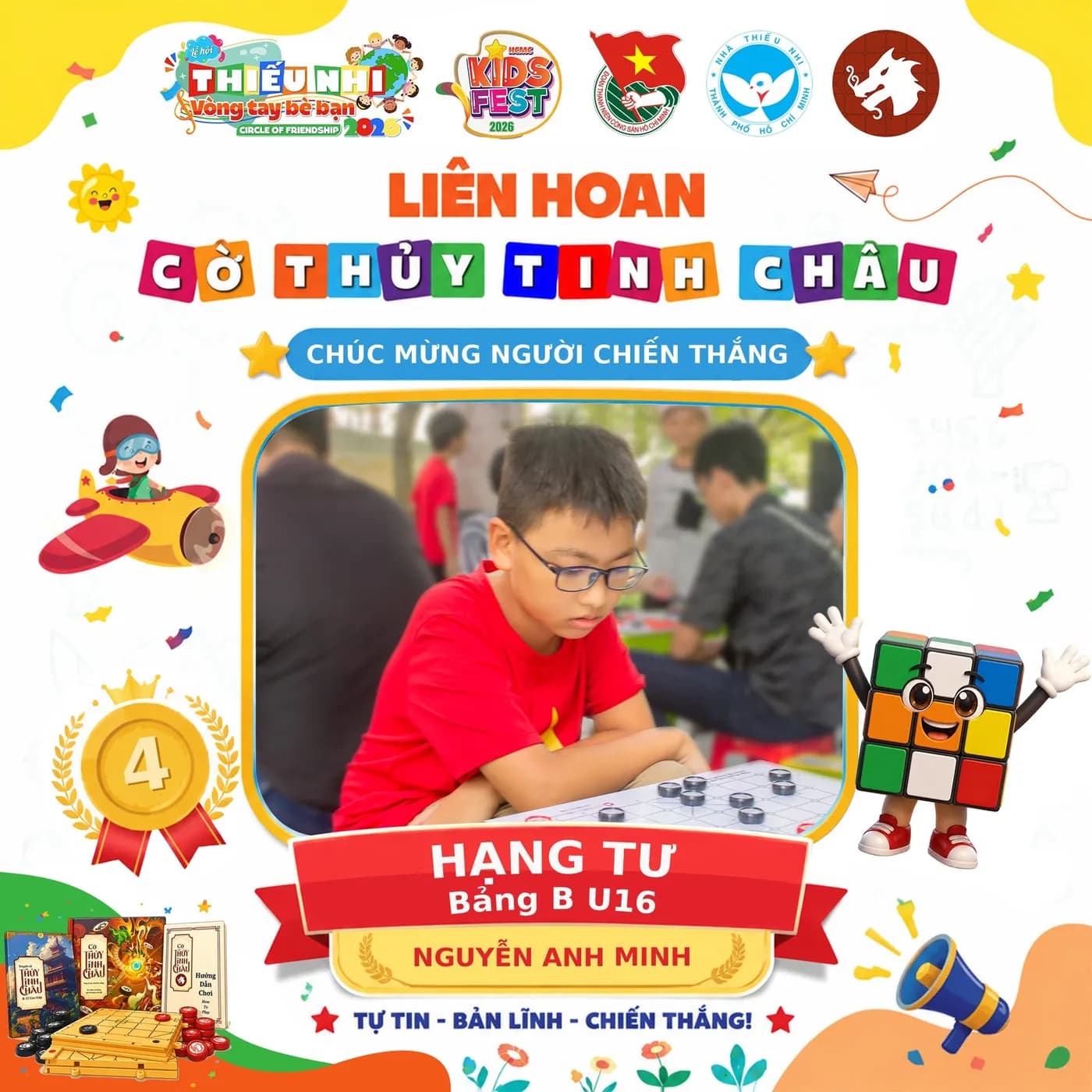 Hình ảnh các kỳ thủ đạt hạng Tư Bảng B đang thi đấu thuộc Liên Hoan Cờ Thủy Tinh Châu Kids Fest 2026 tổ chức tại Nhà Thiếu Nhi Thành phố Hồ Chí Minh.