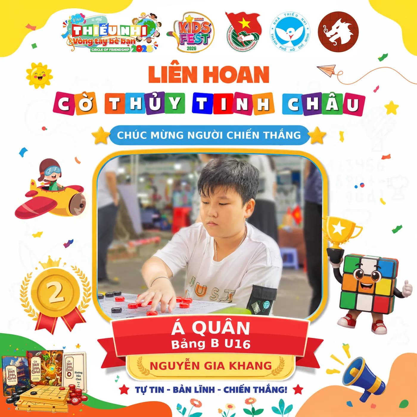 Hình ảnh Á quân của Bảng B thuộc Liên Hoan Cờ Thủy Tinh Châu Kids Fest 2026 tổ chức tại Nhà Thiếu Nhi Thành phố Hồ Chí Minh.