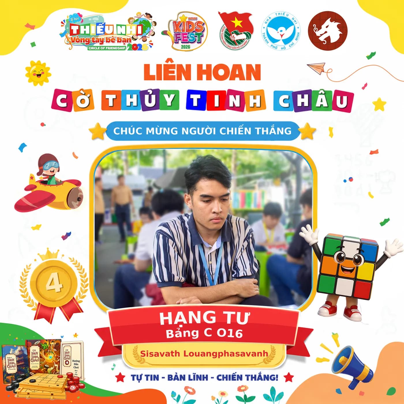 Hình ảnh kỳ thủ giành giải Tư tại Bảng C thuộc Liên hoan Cờ Thủy Tinh Châu Kids Fest 2026 tổ chức tại Nhà Thiếu nhi Thành phố Hồ Chí Minh.