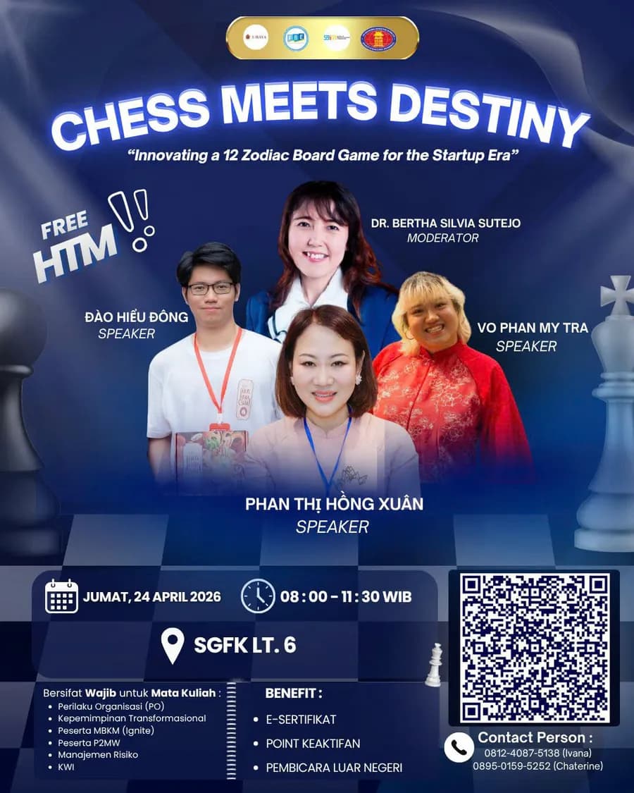 Hình ảnh poster chương trình “Chess Meets Destiny – Innovating a 12 Zodiac Board Game for the Startup Era” được tổ chức tại Trường Đại học Surabaya (Indonesia).
